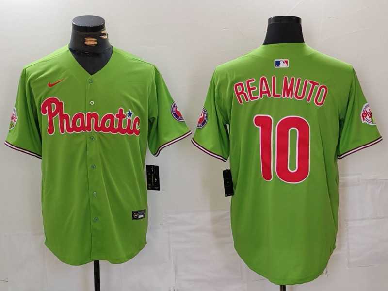 Mens Philadelphia Phillies #10 JT Realmuto Green With Patch Stitched Cool Base Nike Jersey->philadelphia phillies->MLB Jersey